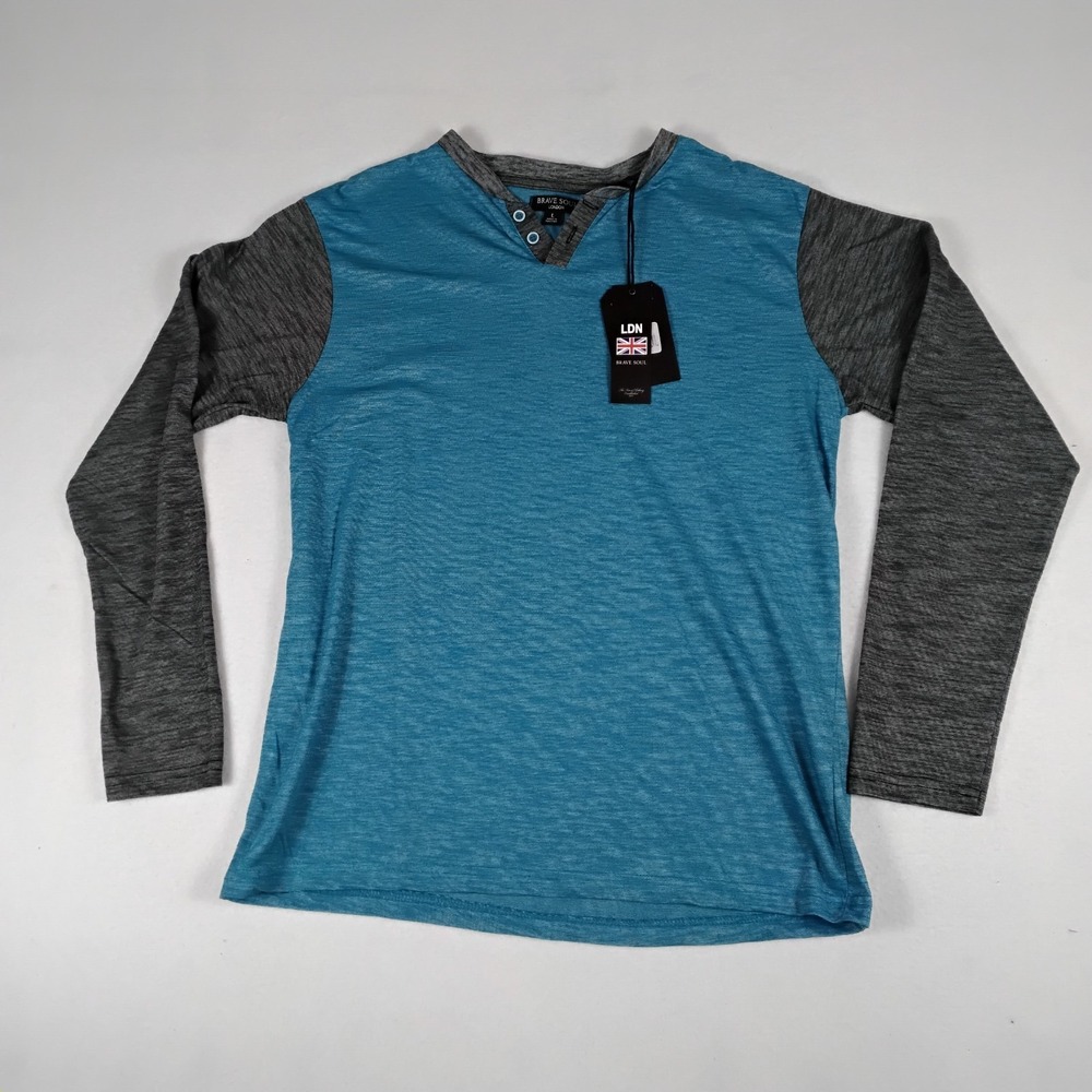 Brave Soul London Mens L Henley Shirt Blue Gray Long Sleeve Colorblock NWT